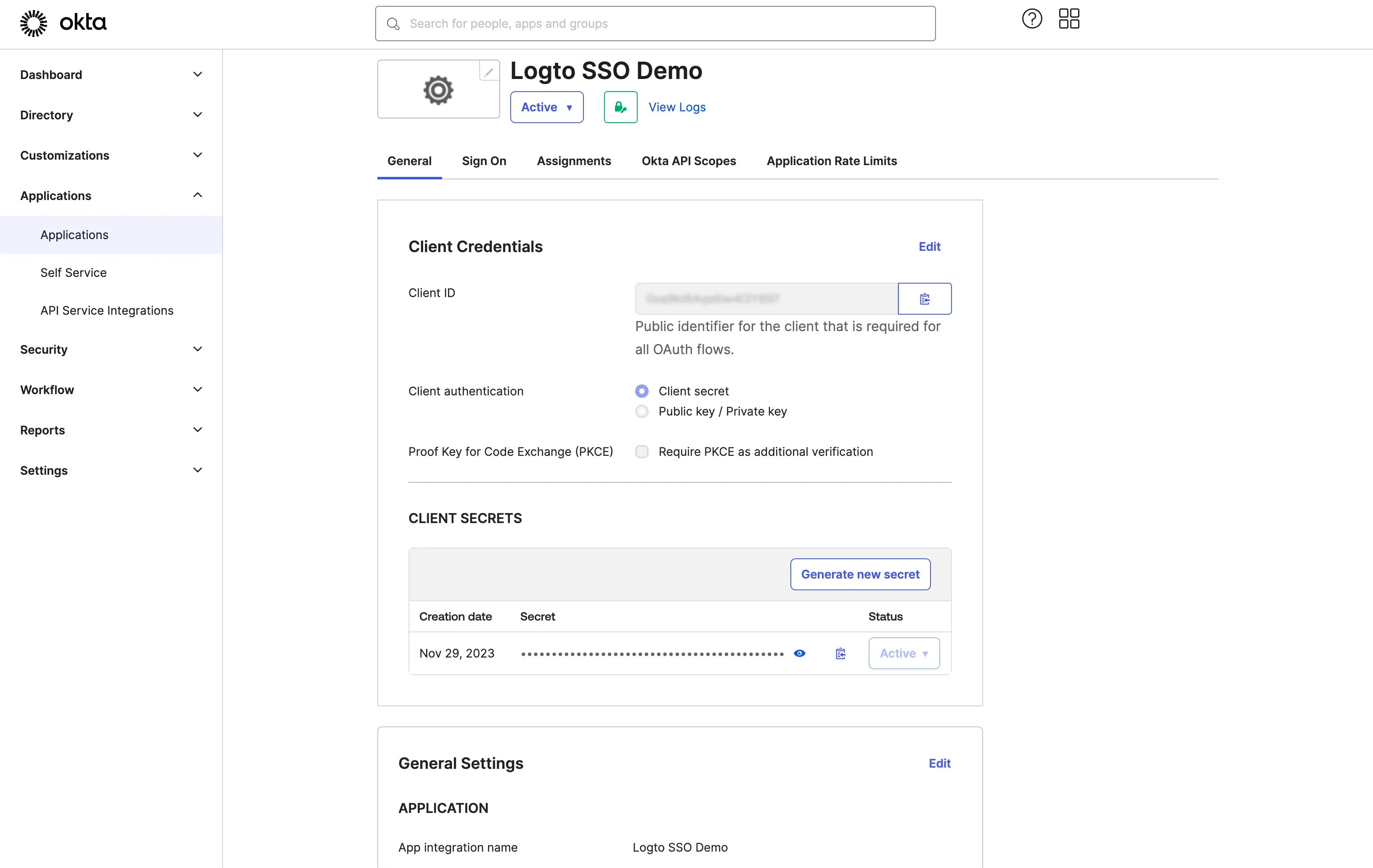 Credenciais do cliente Okta